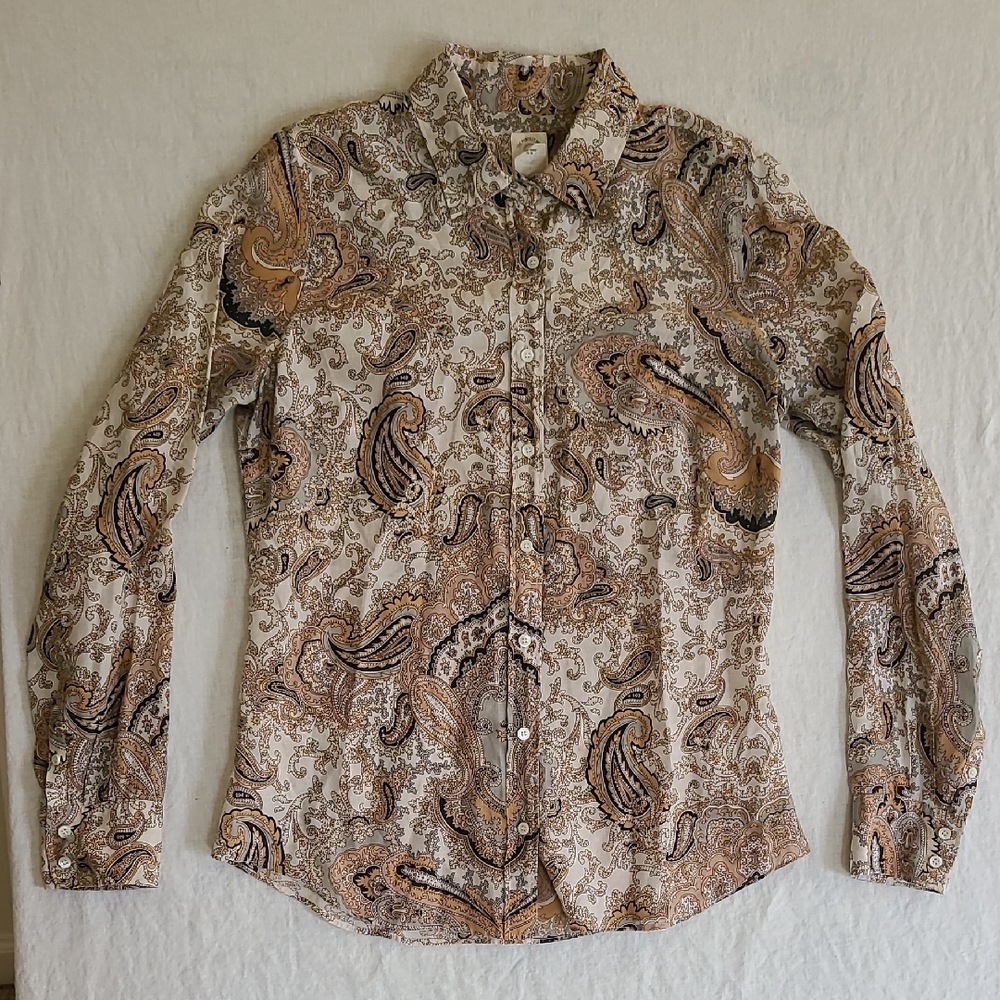 J. Crew The Perfect Shirt Beige and Black Paisley LS Shirt Size 8